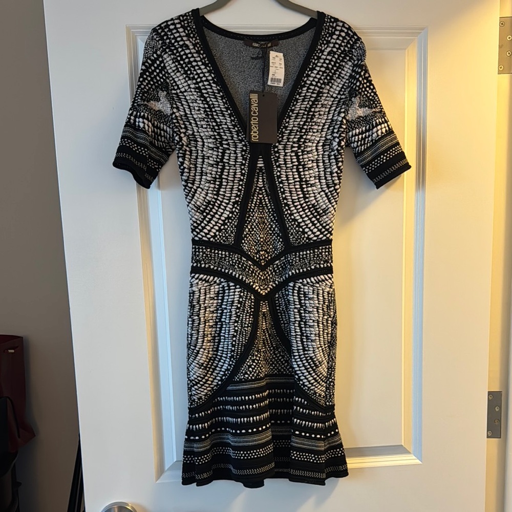 Authentic Roberto Cavalli Dress Black and 
White Viscose Knitted Dress